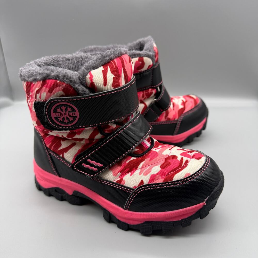 Winter Snow Boots Kids Girls Pink Camo Hook Loop Closure Kids Size 1 (UK 32)
